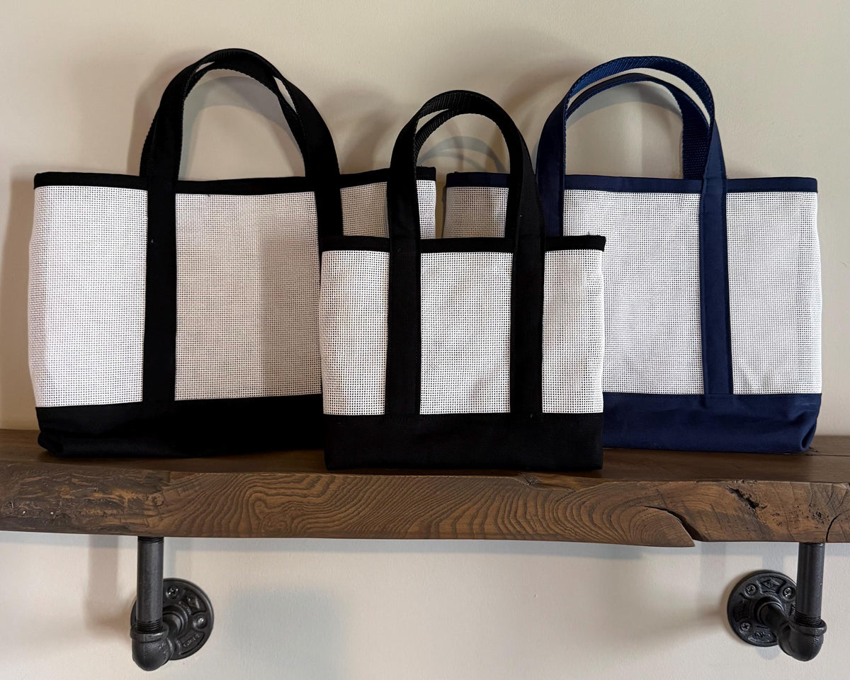 Three needlepoint 13 mesh canvas tote bags that you can needlepoint yourself.